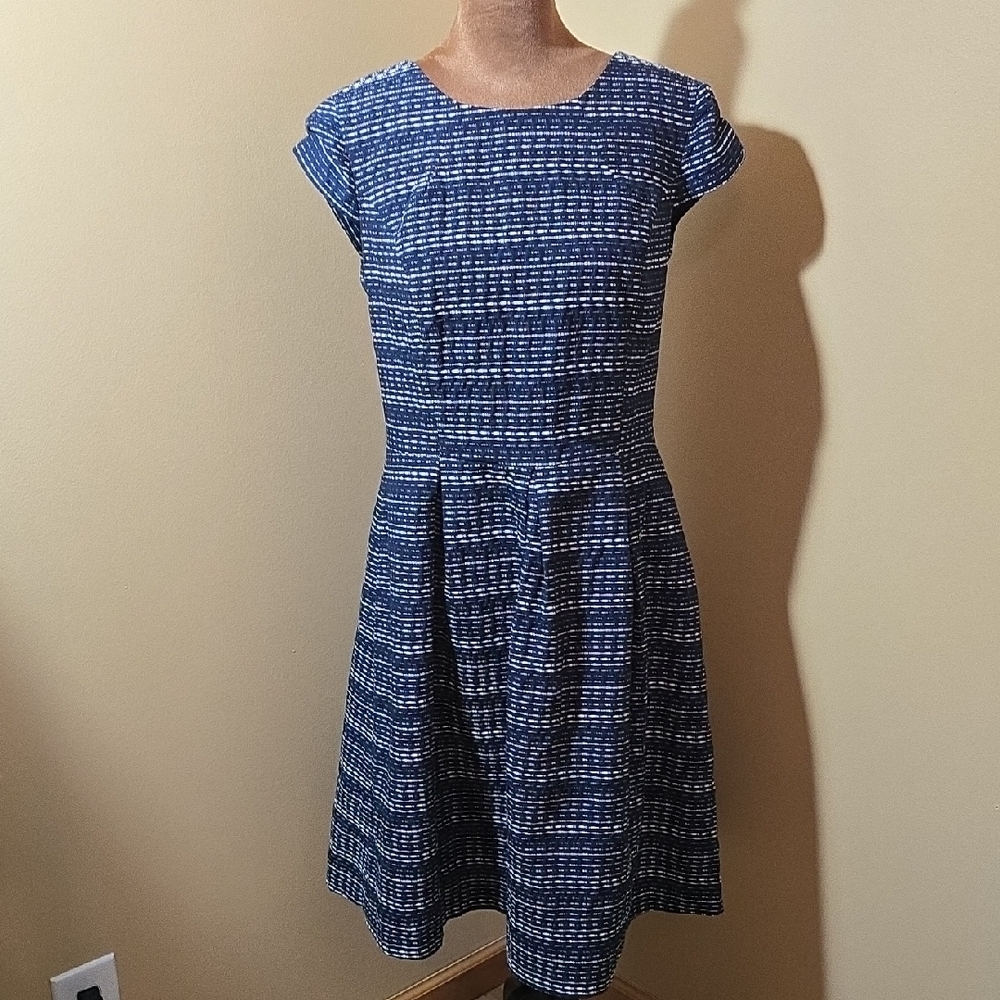 Liz Claiborne Navy and White Tweed-Style Fit & Flare Midi Dress